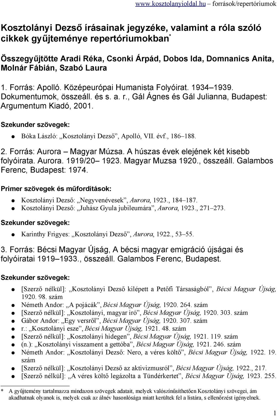 Bóka László: Kosztolányi Dezső, Apolló, VII. évf., 186 188. 2. Forrás: Aurora Magyar Múzsa. A húszas évek elejének két kisebb folyóirata. Aurora. 1919/20 1923. Magyar Muzsa 1920., összeáll.