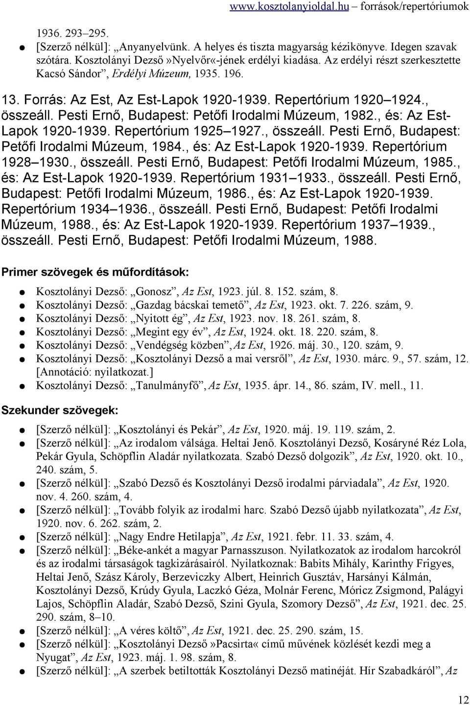 Pesti Ernő, Budapest: Petőfi Irodalmi Múzeum, 1982., és: Az Est- Lapok 1920-1939. Repertórium 1925 1927., összeáll. Pesti Ernő, Budapest: Petőfi Irodalmi Múzeum, 1984., és: Az Est-Lapok 1920-1939.