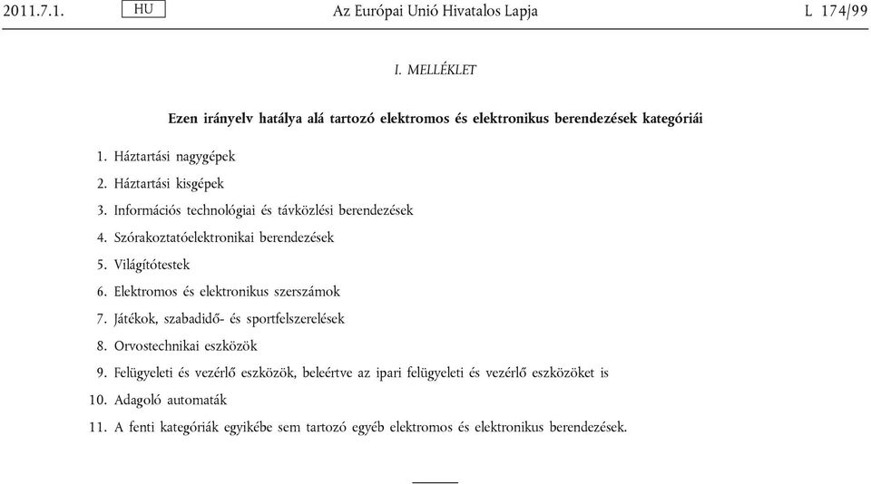 Világítótestek 6. Elektromos és elektronikus szerszámok 7. Játékok, szabadidő- és sportfelszerelések 8. Orvostechnikai eszközök 9.