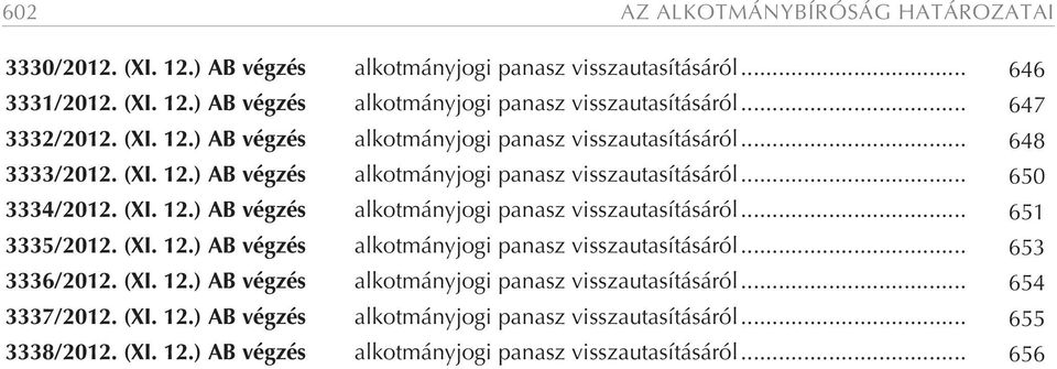 (XI. 12.) AB vég zés... 653 3336/2012. (XI. 12.) AB vég zés... 654 3337/2012. (XI. 12.) AB vég zés... 655 3338/2012.