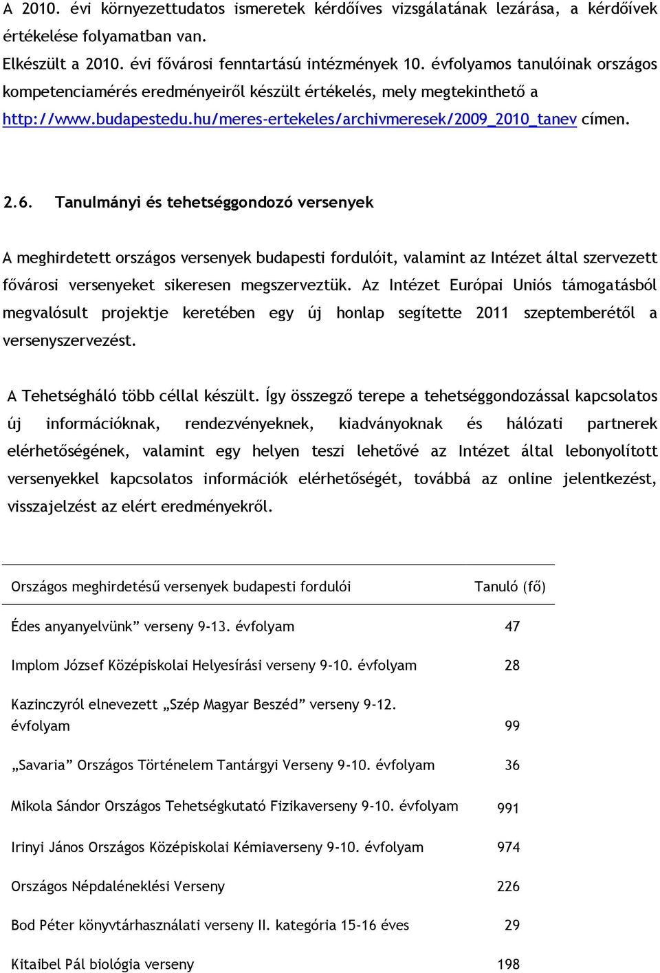 Tanulmányi és tehetséggondozó versenyek A meghirdetett országos versenyek budapesti fordulóit, valamint az Intézet által szervezett fővárosi versenyeket sikeresen megszerveztük.