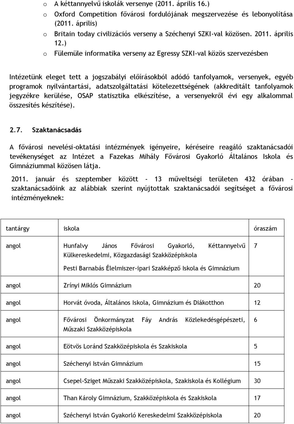 ) Fülemüle informatika verseny az Egressy SZKI-val közös szervezésben Intézetünk eleget tett a jogszabályi előírásokból adódó tanfolyamok, versenyek, egyéb programok nyilvántartási, adatszolgáltatási