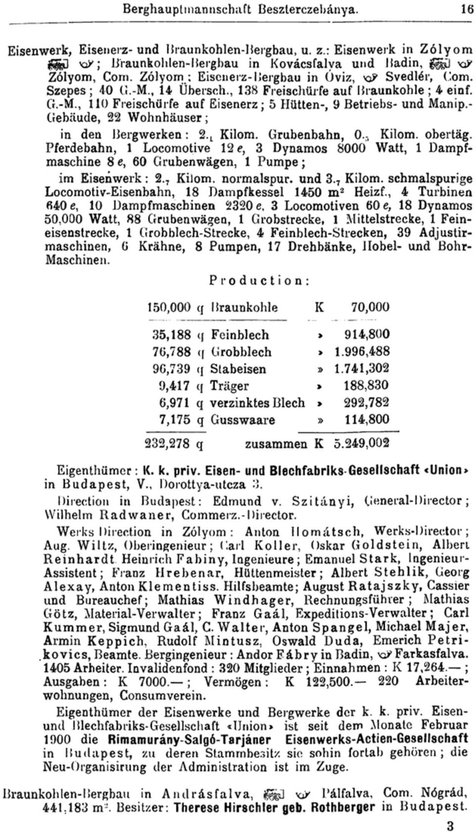 - Gebäude, 22 Wohnhäuser; in den Bergwerken: 2. L Kilom. Grubenbahn, 0..-, Kilom. obertäg.