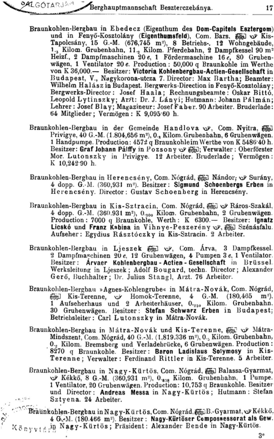 , 2 Dampfmaschinen 20 e, 1 Fördermaschine 16 e, 80 Grubenwägen, 1 Ventilator 20 e.