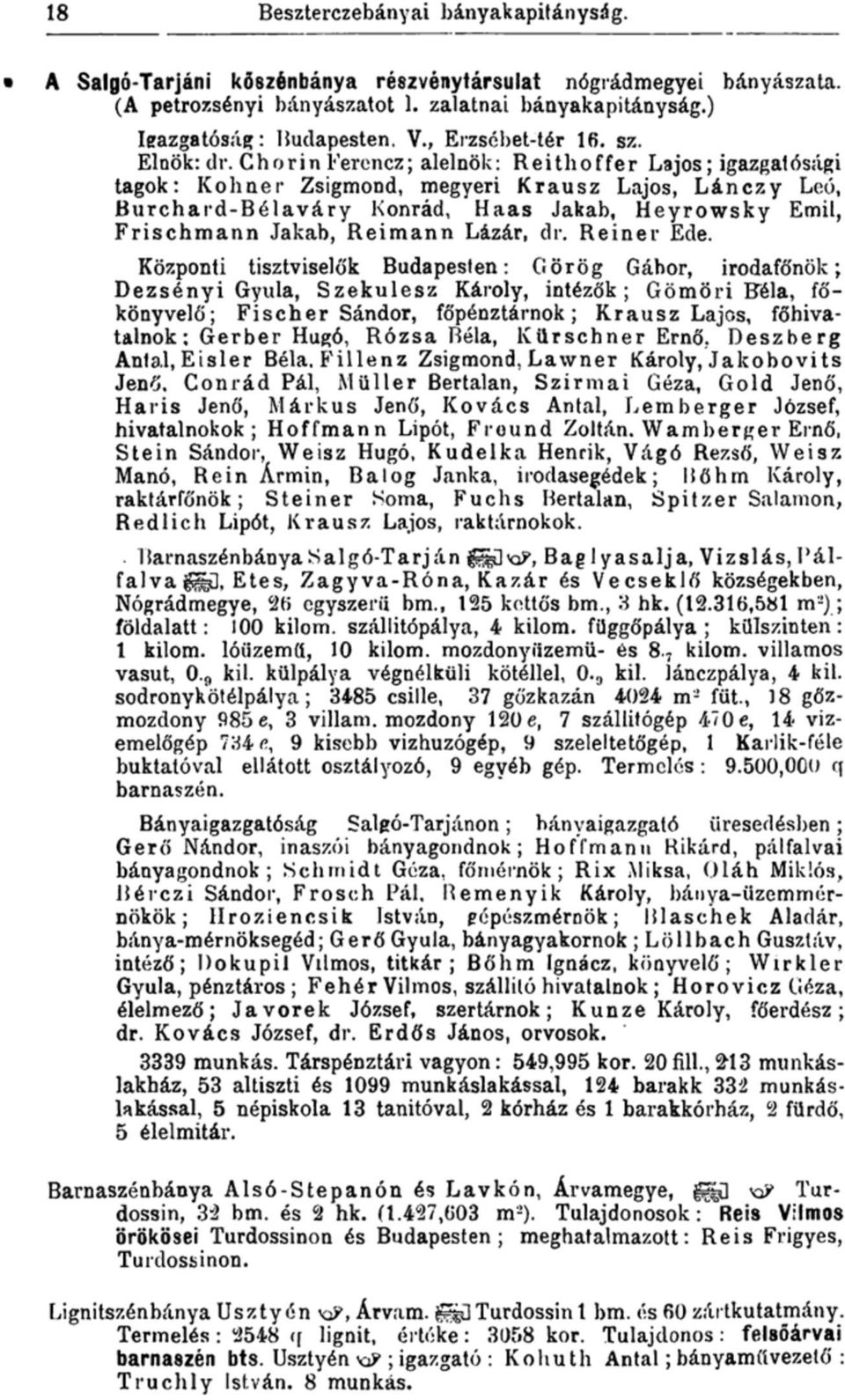 Chor in Ferencz; alelnök: Reithoffer Lajos; igazgatósági tagok: Kohner Zsigmond, megyeri Krausz Lajos, Lánczy Leó, Burchard-Bélaváry Konrád, Haas Jakab, Heyrowsky Emil, Frischmann Jakab, Reimann