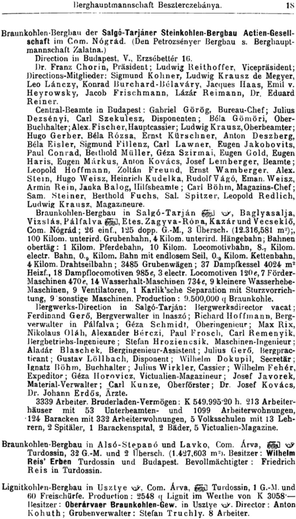 Franz Chor in, Präsident; Ludwig Reithoffer, Vicepräsident; Directions-Mitglieder: Sigmund Kohner, Ludwig Krausz de Megyer, Leo Lánczy, Konrad Burchard-Bélaváry, Jacques Haas, Emil v.