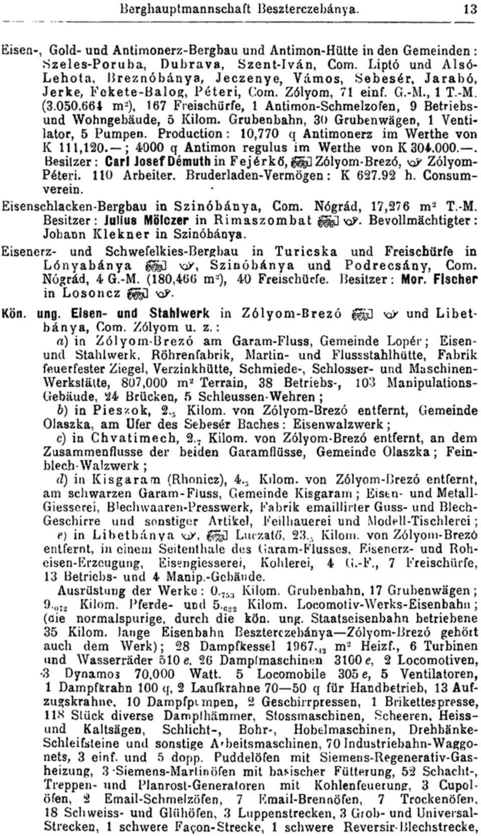 050,664 m 2 ), 167 Freischürfe, 1 Antimon-Schmelzofen, 9 Betriebsund Wohngebäude, 5 Kilom. Grubenbahn, 30 Grubenwägen, 1 Ventilator, 5 Pumpen. Production : 10,770 q Antimonerz im Werthe von K 111,120.