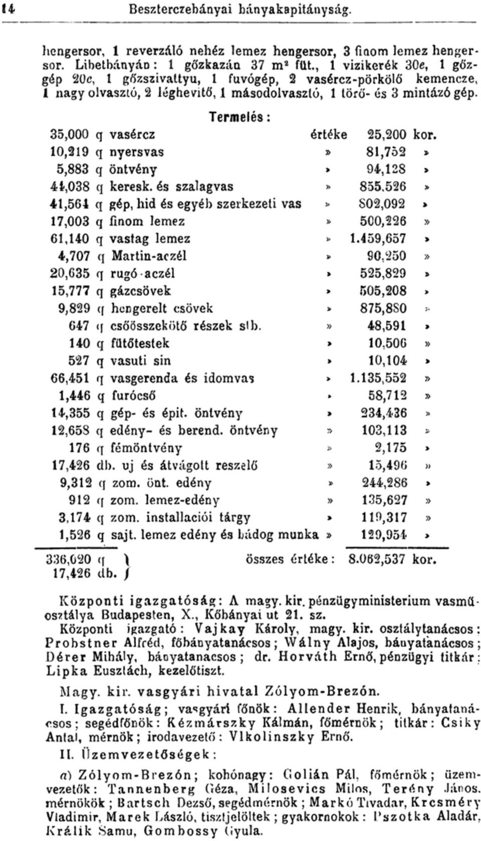 Termelés: 35,000 q vasércz értéke 25,200 kor, 10,219 q nyersvas 81,752» 5,883 q öntvény 94,128 4i,038 q keresk. és szalagvas 855.