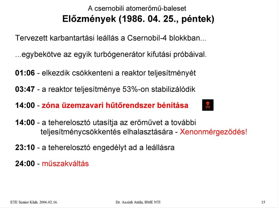 01:06 - elkezdik csökkenteni a reaktor teljesítményét 03:47 - a reaktor teljesítménye 53%-on stabilizálódik 14:00 - zóna üzemzavari