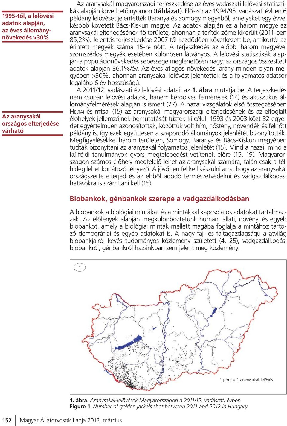 Az adatok alapján ez a három megye az aranysakál elterjedésének fõ területe, ahonnan a teríték zöme kikerült (2011-ben 85,2%).