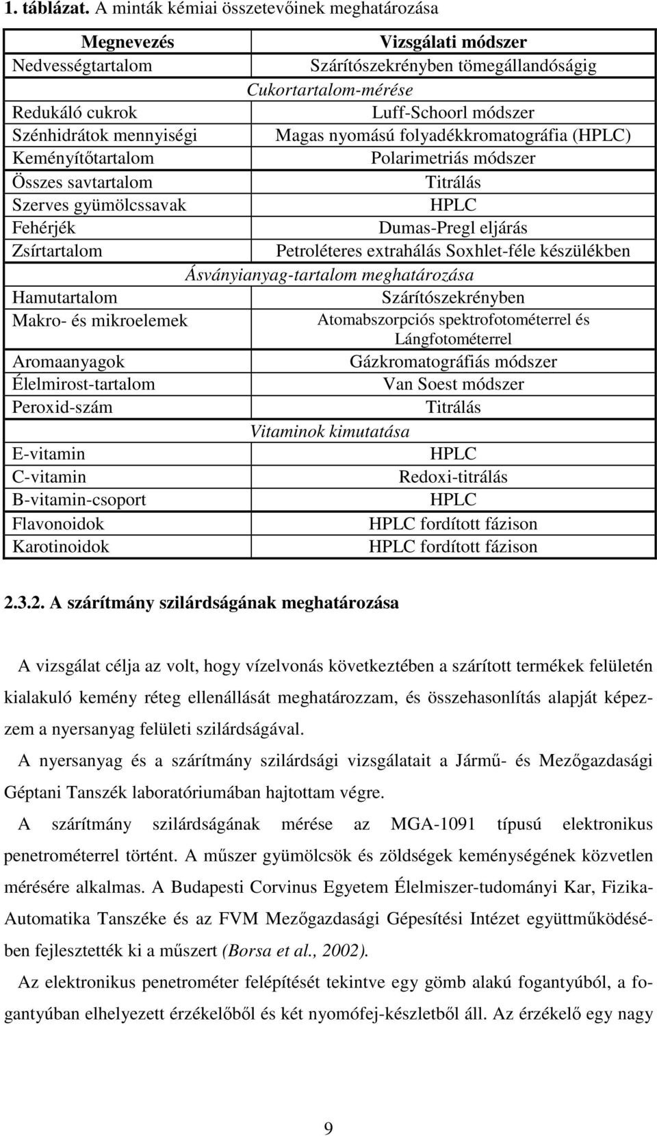 mennyiségi Magas nyomású folyadékkromatográfia (HPLC) Keményítıtartalom Polarimetriás módszer Összes savtartalom Titrálás Szerves gyümölcssavak HPLC Fehérjék Dumas-Pregl eljárás Zsírtartalom