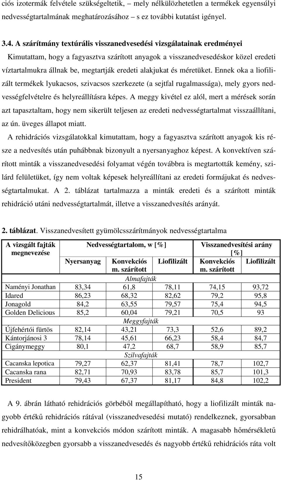 alakjukat és méretüket. Ennek oka a liofilizált termékek lyukacsos, szivacsos szerkezete (a sejtfal rugalmassága), mely gyors nedvességfelvételre és helyreállításra képes.