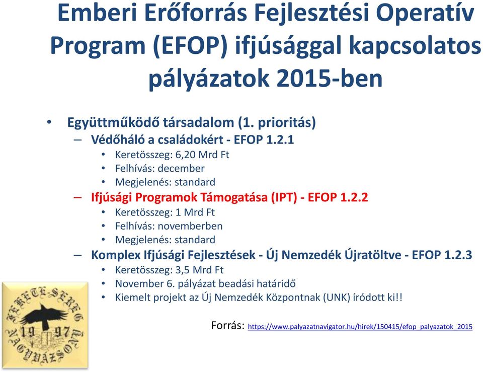 1 Keretösszeg: 6,20 Mrd Ft Felhívás: december Megjelenés: standard Ifjúsági Programok Támogatása (IPT) - EFOP 1.2.2 Keretösszeg: 1 Mrd Ft Felhívás: novemberben Megjelenés: standard Komplex Ifjúsági Fejlesztések - Új Nemzedék Újratöltve - EFOP 1.