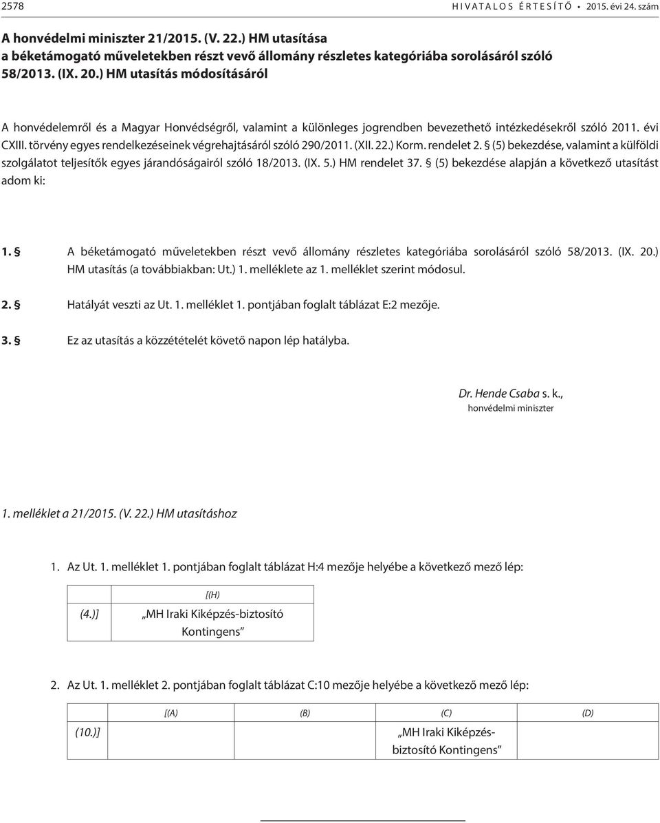 ) HM utasítás módosításáról A honvédelemről és a Magyar Honvédségről, valamint a különleges jogrendben bevezethető intézkedésekről szóló 2011. évi CXIII.