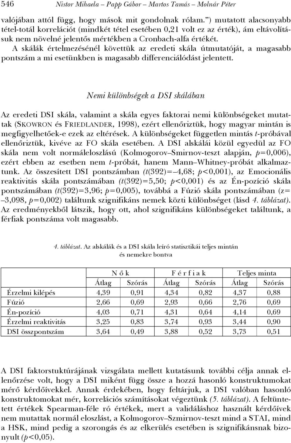 A skálák értelmezésénél követtük az eredeti skála útmutatóját, a magasabb pontszám a mi esetünkben is magasabb differenciálódást jelentett.