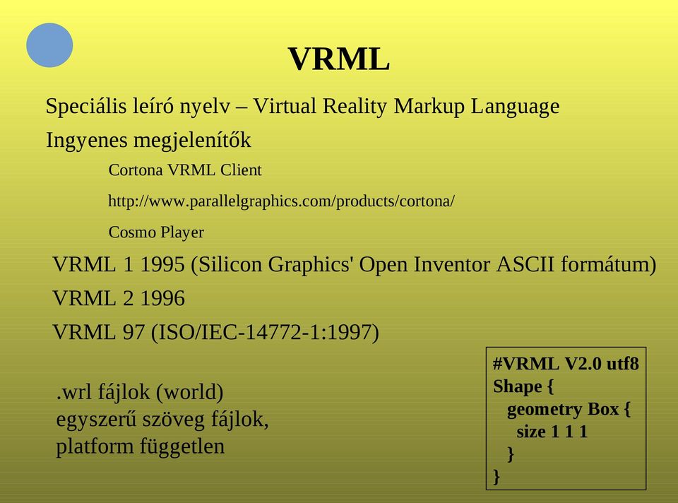 com/products/cortona/ Cosmo Player VRML 1 1995 (Silicon Graphics' Open Inventor ASCII formátum)