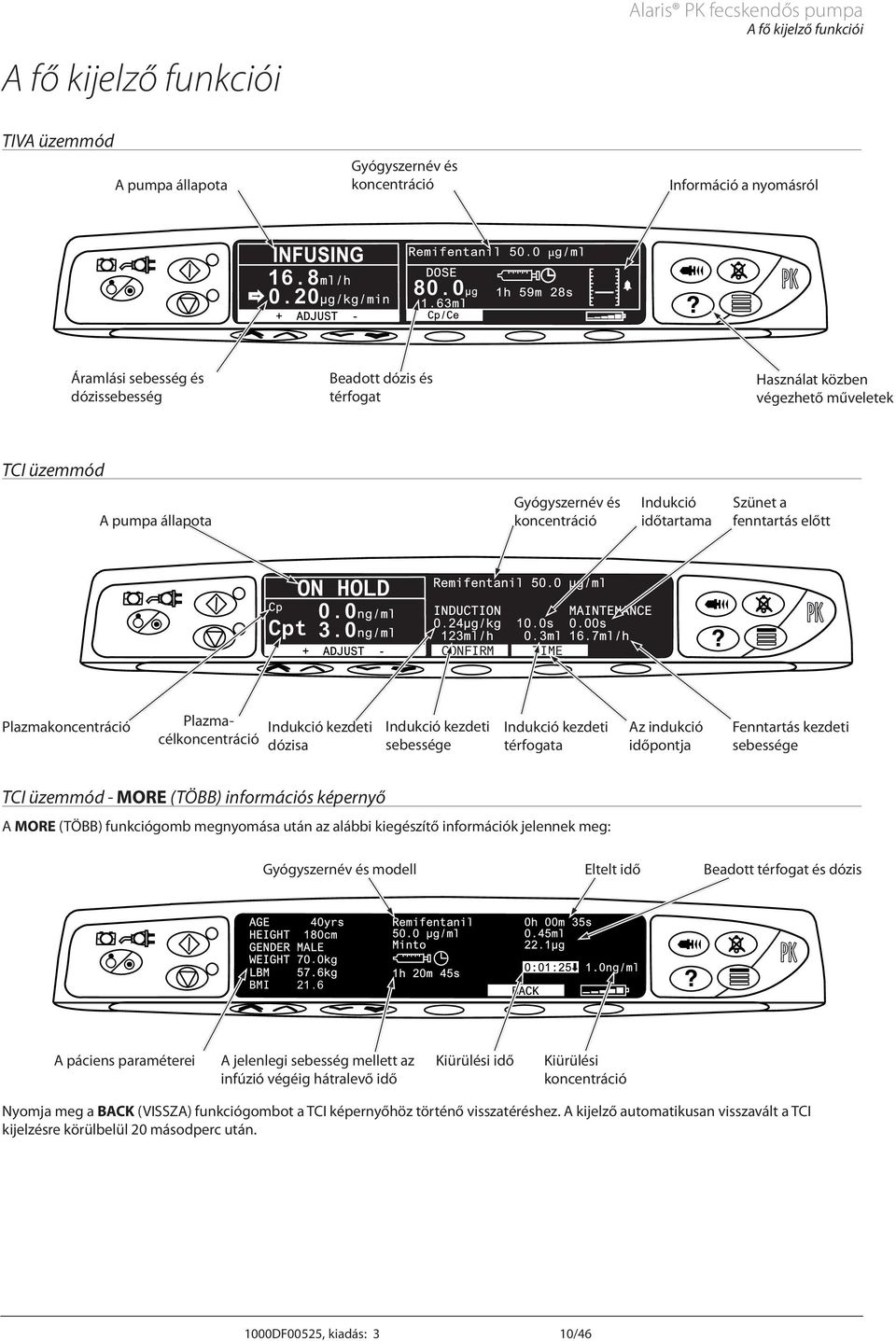 Plazmacélkoncentráció Indukció kezdeti dózisa Indukció kezdeti sebessége Indukció kezdeti térfogata z indukció időpontja Fenntartás kezdeti sebessége TCI üzemmód - MORE (TÖBB) információs képernyő