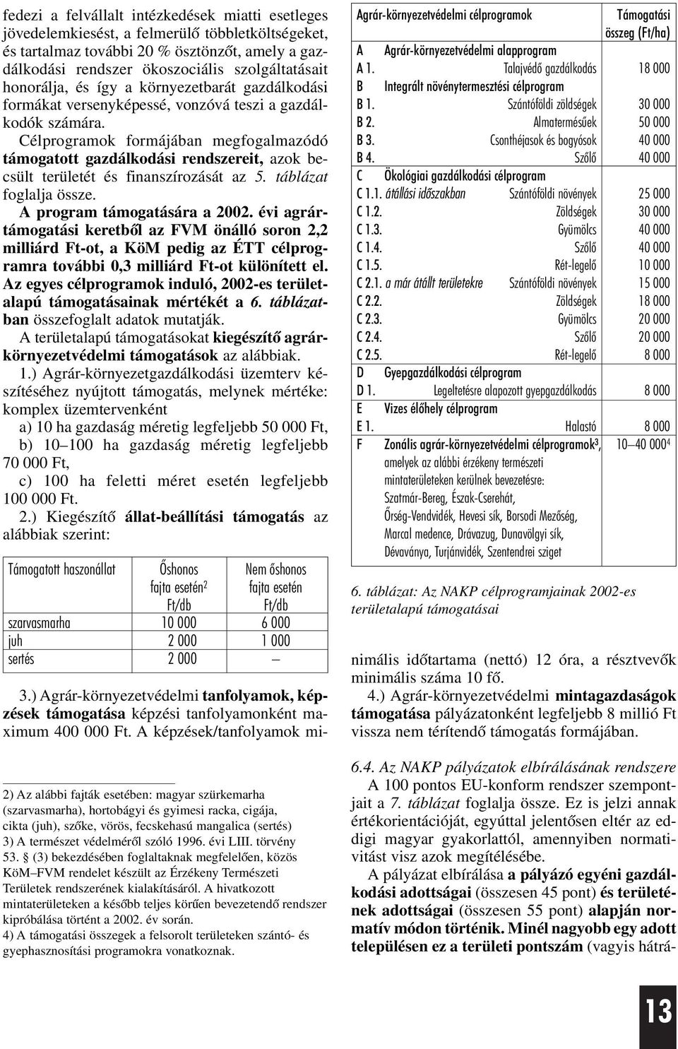 Célprogramok formájában megfogalmazódó támogatott gazdálkodási rendszereit, azok becsült területét és finanszírozását az 5. táblázat foglalja össze. A program támogatására a 2002.