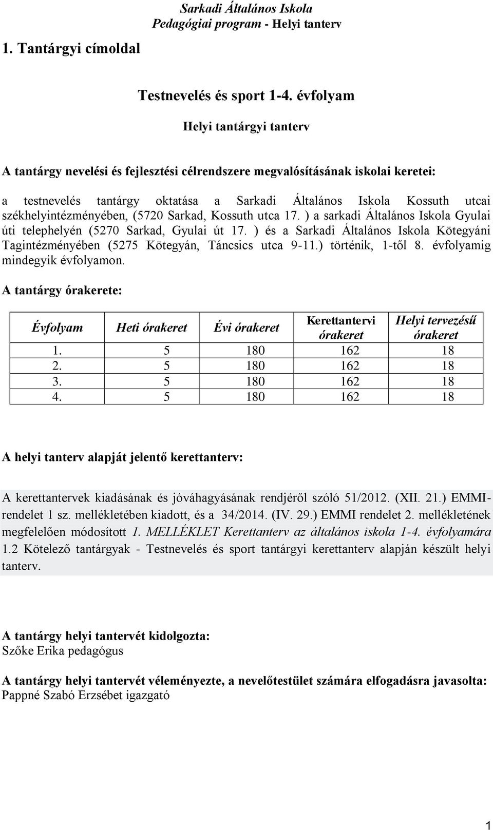 Kossuth utca 17. ) a sarkadi Általános Iskola Gyulai úti telephelyén (5270 Sarkad, Gyulai út 17. ) és a Kötegyáni Tagintézményében (5275 Kötegyán, Táncsics utca 9-11.) történik, 1-től 8.