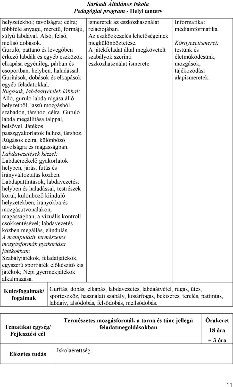 Rúgások, labdaátvételek lábbal: Álló, guruló labda rúgása álló helyzetből, lassú mozgásból szabadon, társhoz, célra. Guruló labda megállítása talppal, belsővel.