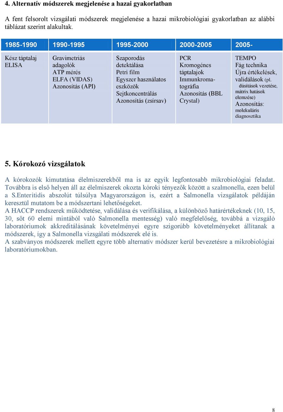 Sejtkoncentrálás Azonosítás (zsírsav) PCR Kromogénes táptalajok Immunkromatográfia Azonosítás (BBL Crystal) TEMPO Fág technika Újra értékelések, validálások (pl.
