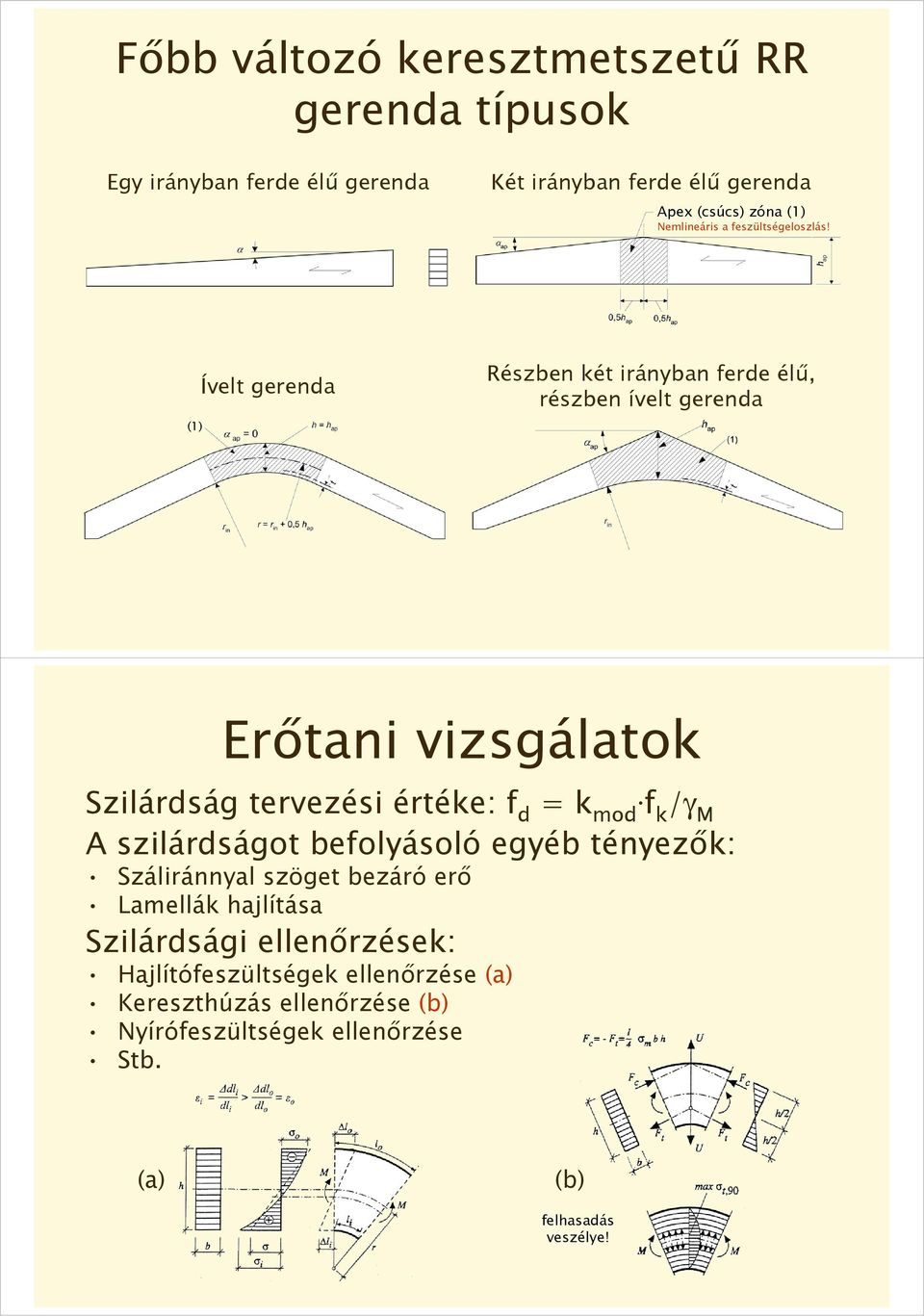 (1) Ívelt gerenda Részben két irányban ferde élű, részben ívelt gerenda Erőtani vizsgálatok Szilárdság tervezési értéke: f d = k mod f k /