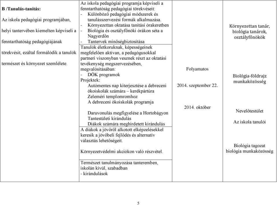 - Környezettan oktatása tanítási órakeretben - Biológia és osztályfőnöki órákon séta a Nagyerdőn - Tantervek minőségbiztosítása Tanulók életkoruknak, képességeinek megfelelően aktívan, a