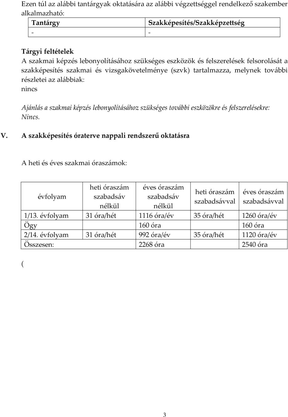 lebonyolításához szükséges további eszközökre és felszerelésekre: Nincs. V.