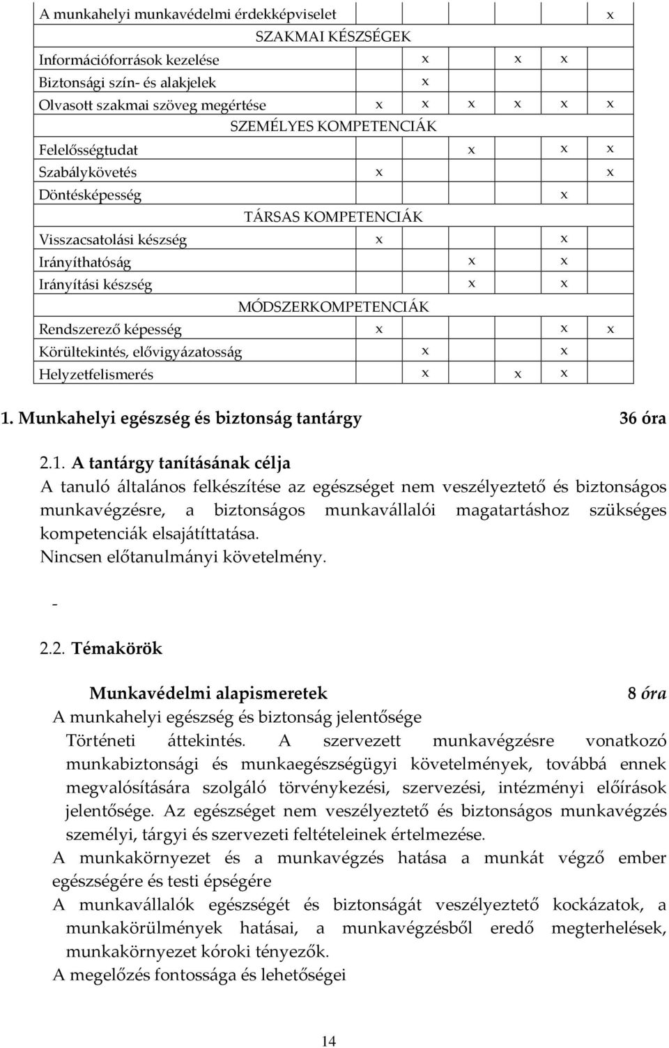 1. Munkahelyi egészség és biztonság tantárgy 36 óra 2.1. A tantárgy tanításának célja A tanuló általános felkészítése az egészséget nem veszélyeztető és biztonságos munkavégzésre, a biztonságos