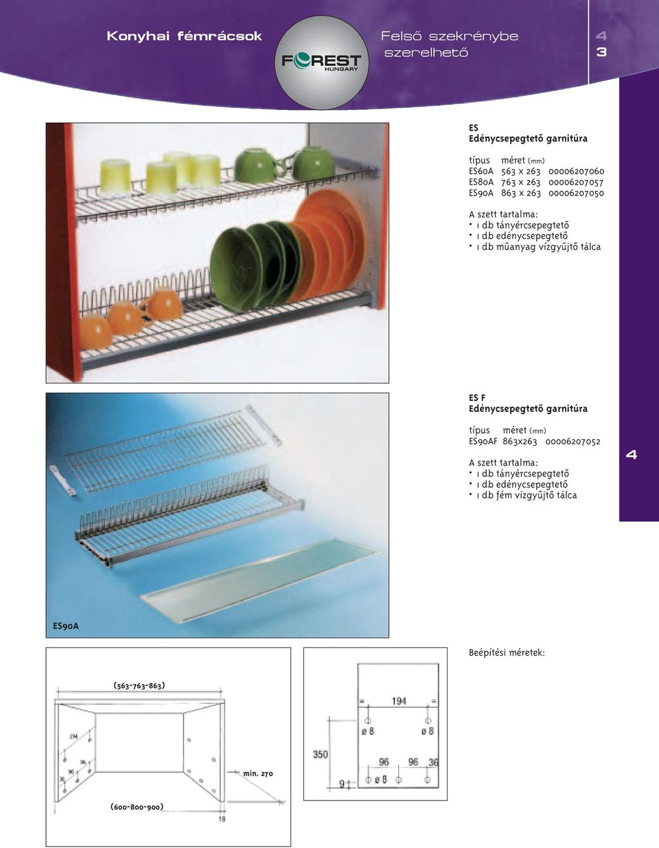 mûanyag vízgyûjtô tálca ES F Edénycsepegtetô garnitúra típus méret (mm) ES90AF 863x263 00006207052 A szett tartalma: 1