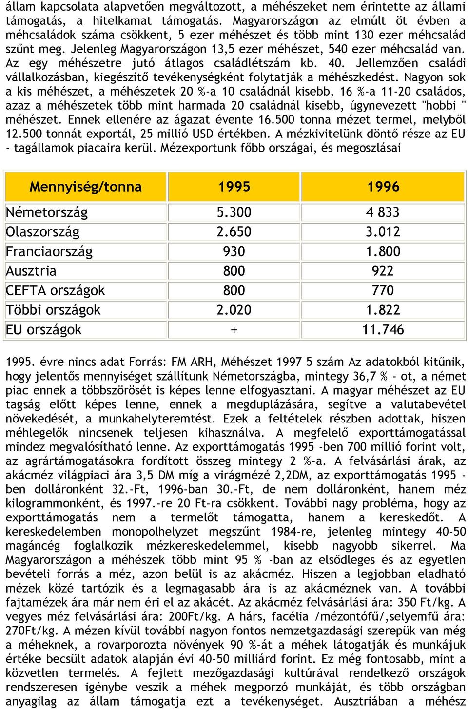 Az egy méhészetre jutó átlagos családlétszám kb. 40. Jellemzően családi vállalkozásban, kiegészítő tevékenységként folytatják a méhészkedést.