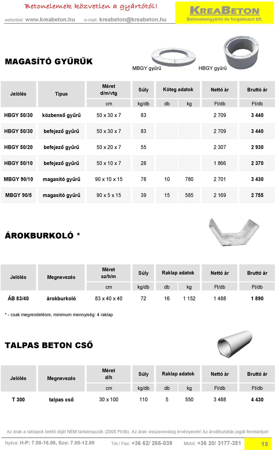 magasító gyűrű 90 x 5 x 15 39 15 585 2 169 2 755 ÁROKBURKOLÓ * Megnevezés /m Nettó ár Bruttó ár cm kg/db db kg Ft/db Ft/db ÁB 83/40 árokburkoló 83 x 40 x 40 72 16 1 152 1 488 1 890 * - csak