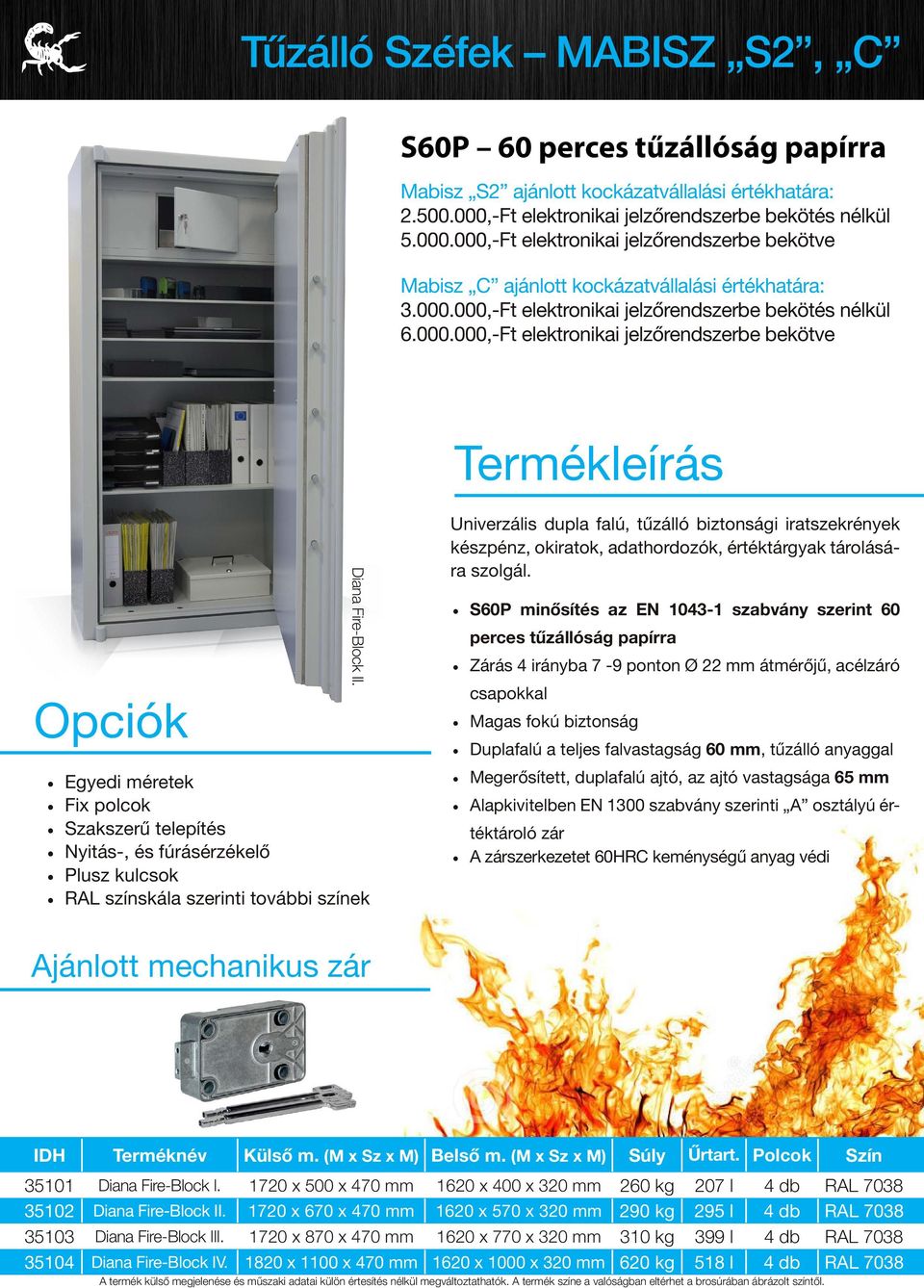 000.000,-Ft elektronikai jelzőrendszerbe bekötve Diana Fire-Block II. Univerzális dupla falú, tűzálló biztonsági iratszekrények készpénz, okiratok, adathordozók, értéktárgyak tárolására szolgál.