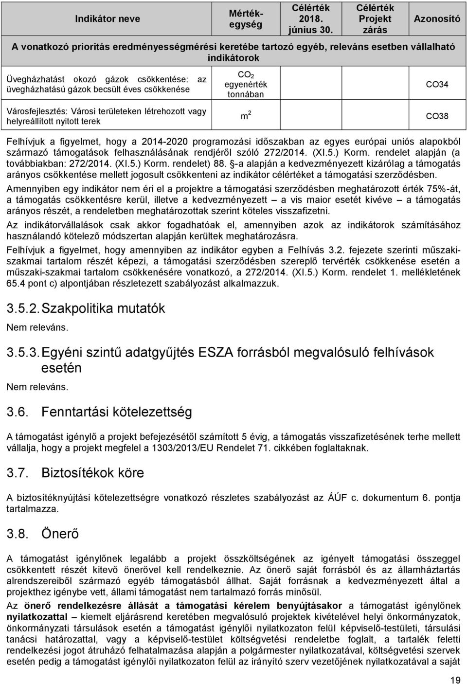 gázok becsült éves csökkenése CO 2 egyenérték tonnában CO34 Városfejlesztés: Városi területeken létrehozott vagy helyreállított nyitott terek m 2 CO38 Felhívjuk a figyelmet, hogy a 2014-2020