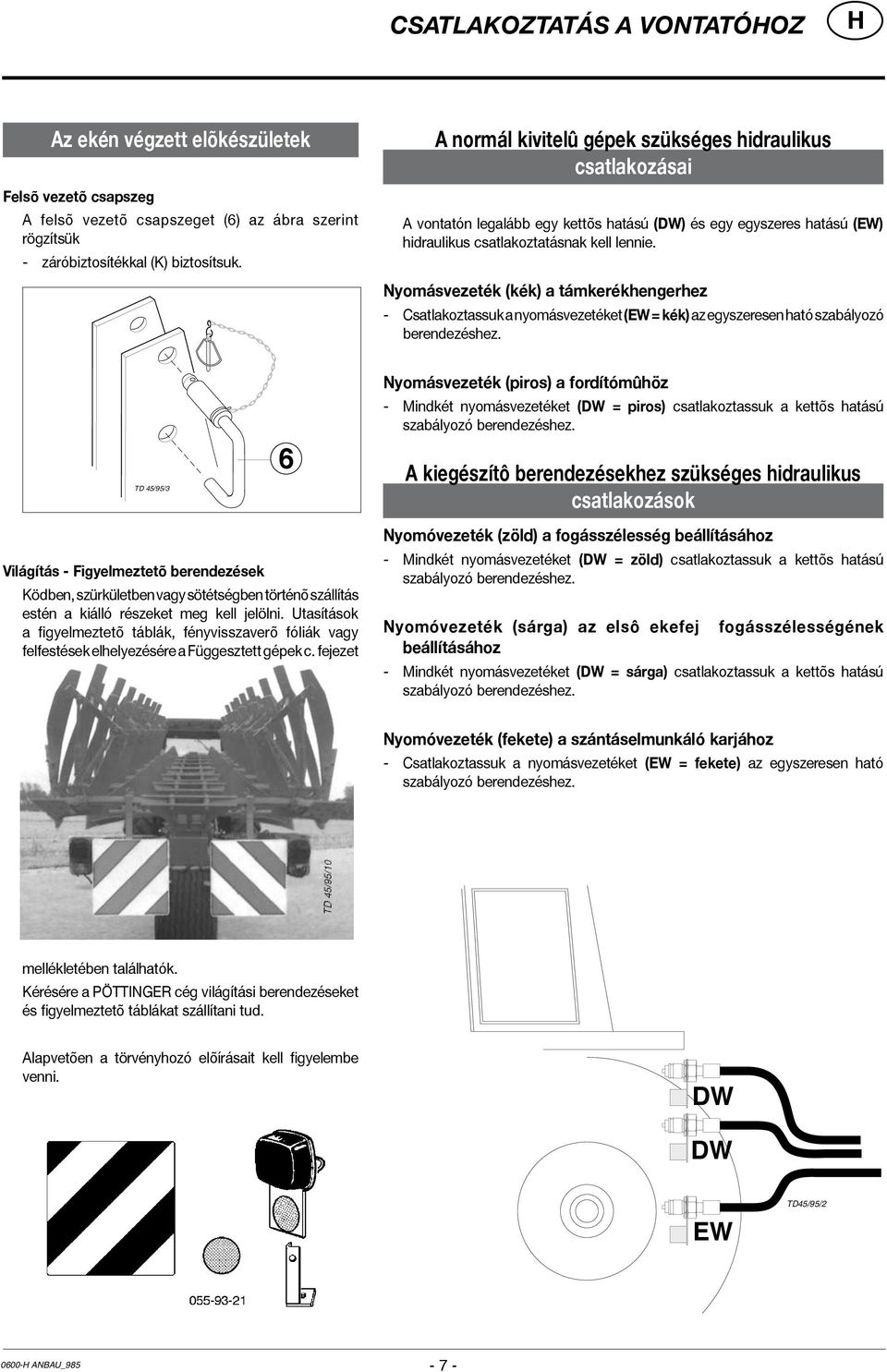 Nyomásvezeték (kék) a támkerékhengerhez - Csatlakoztassuk a nyomásvezetéket (EW = kék) az egyszeresen ható szabályozó berendezéshez.