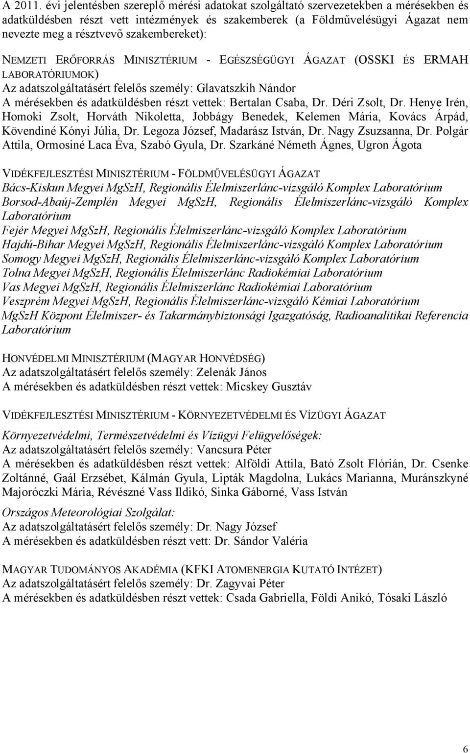 szakembereket): NEMZETI ERŐFORRÁS MINISZTÉRIUM - EGÉSZSÉGÜGYI ÁGAZAT (OSSKI ÉS ERMAH LABORATÓRIUMOK) Az adatszolgáltatásért felelős személy: Glavatszkih Nándor A mérésekben és adatküldésben részt