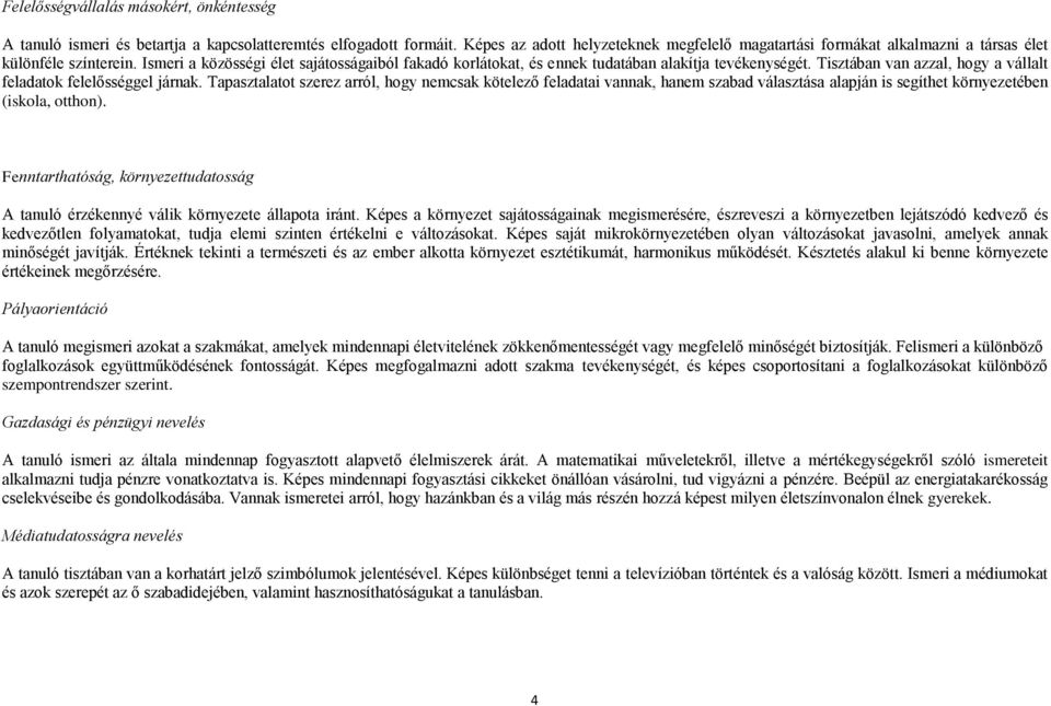 Ismeri a közösségi élet sajátosságaiból fakadó korlátokat, és ennek tudatában alakítja tevékenységét. Tisztában van azzal, hogy a vállalt feladatok felelősséggel járnak.