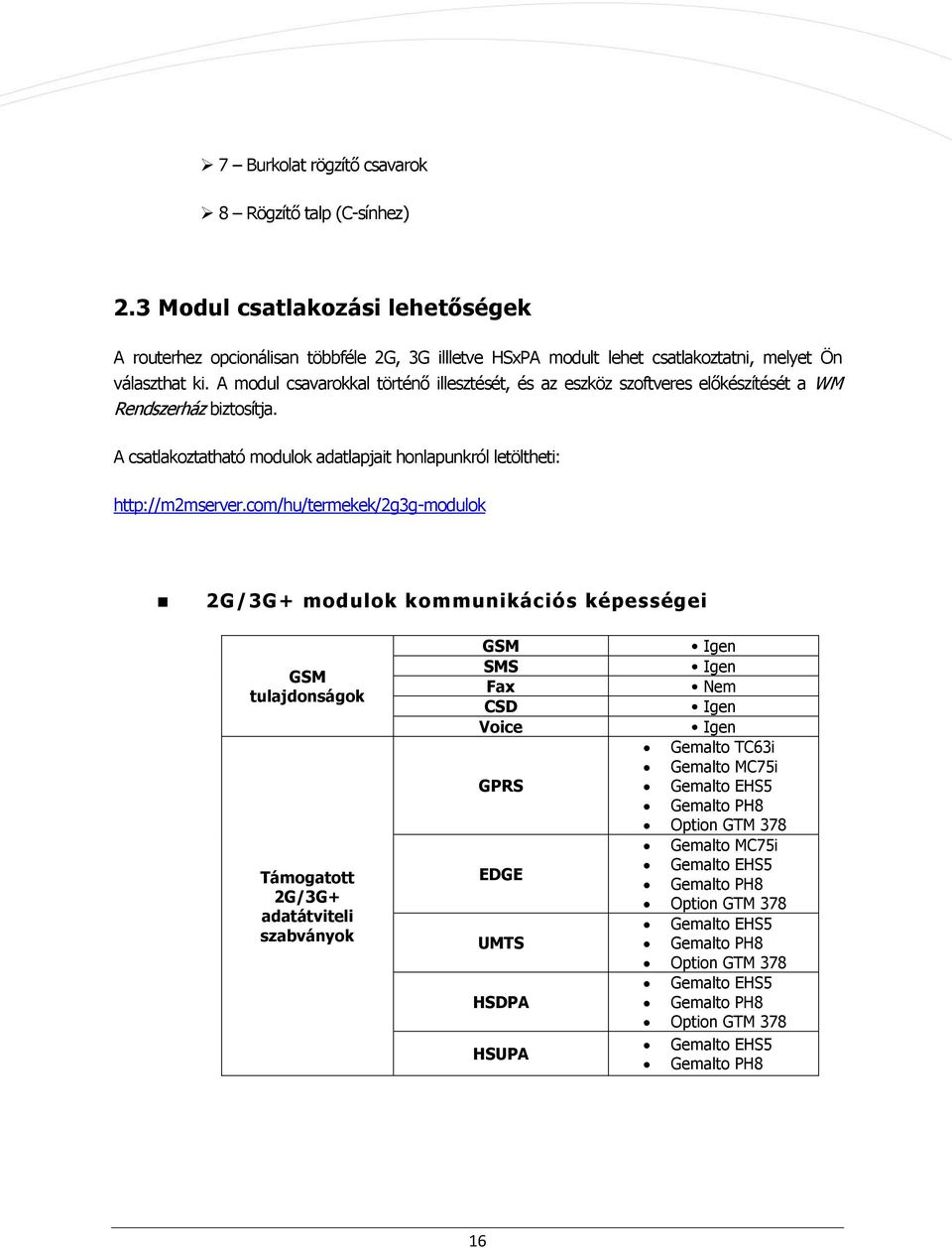 cm/hu/termekek/2g3g-mdulk 2G/3G+ mdulk kmmunikációs képességei GSM tulajdnságk Támgattt 2G/3G+ adatátviteli szabványk GSM SMS Fax CSD Vice GPRS EDGE UMTS HSDPA HSUPA Igen Igen Nem Igen Igen