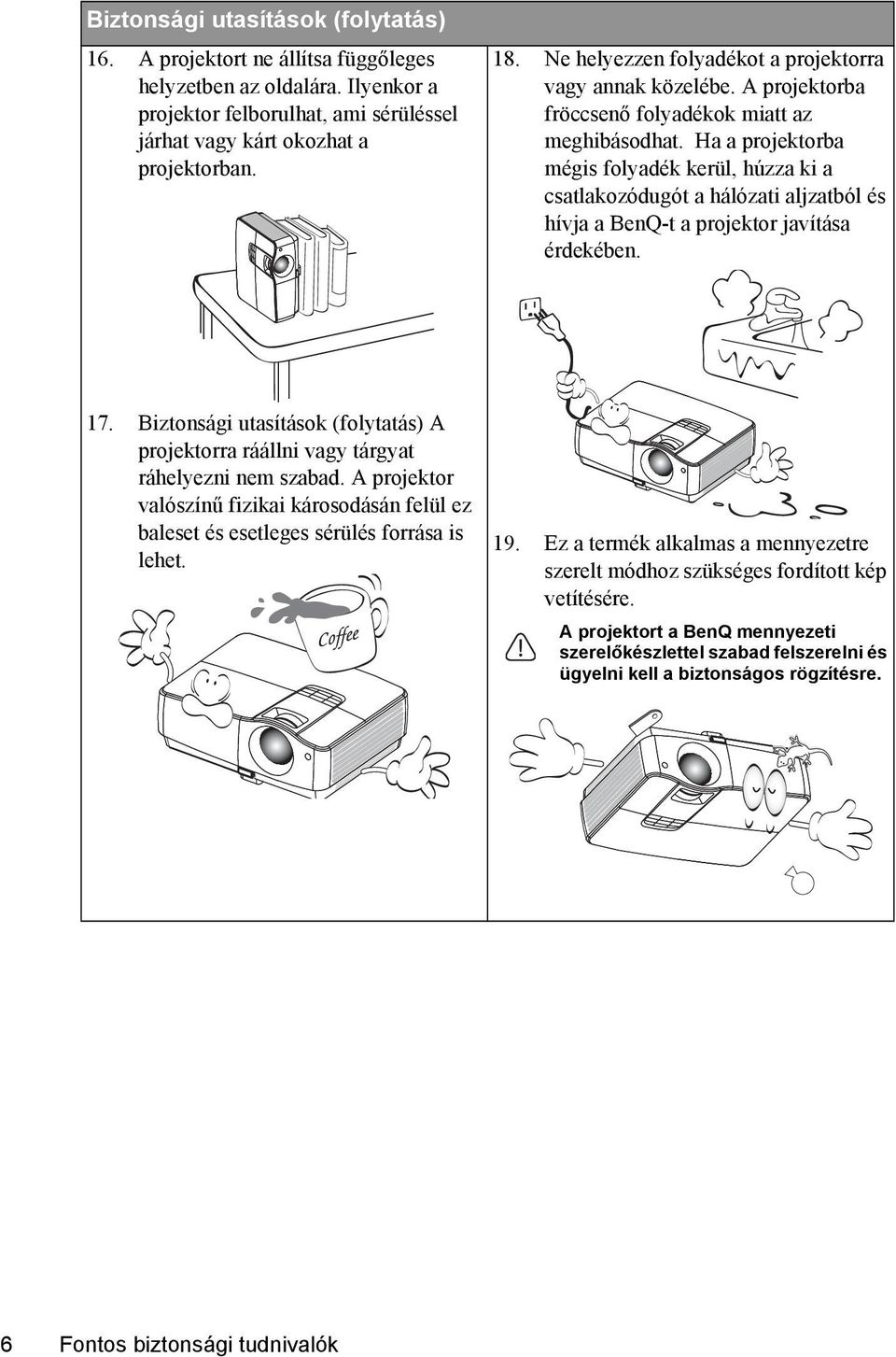 Ha a projektorba mégis folyadék kerül, húzza ki a csatlakozódugót a hálózati aljzatból és hívja a BenQ-t a projektor javítása érdekében. 17.
