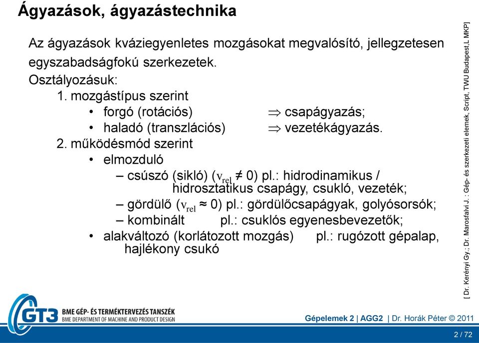 egyszabadságfokú szerkezetek. Osztályozásuk: 1. mozgástípus szerint forgó (rotációs) csapágyazás; haladó (transzlációs) vezetékágyazás. 2.