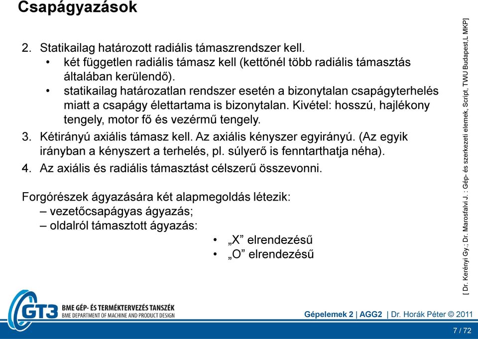 statikailag határozatlan rendszer esetén a bizonytalan csapágyterhelés miatt a csapágy élettartama is bizonytalan. Kivétel: hosszú, hajlékony tengely, motor fő és vezérmű tengely. 3.