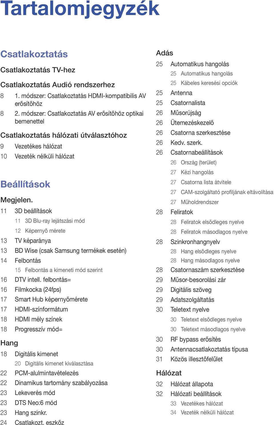 11 3D beállítások 11 3D Blu-ray lejátszási mód 12 Képernyő mérete 13 TV képaránya 13 BD Wise (csak Samsung termékek esetén) 14 Felbontás 15 Felbontás a kimeneti mód szerint 16 DTV intell.