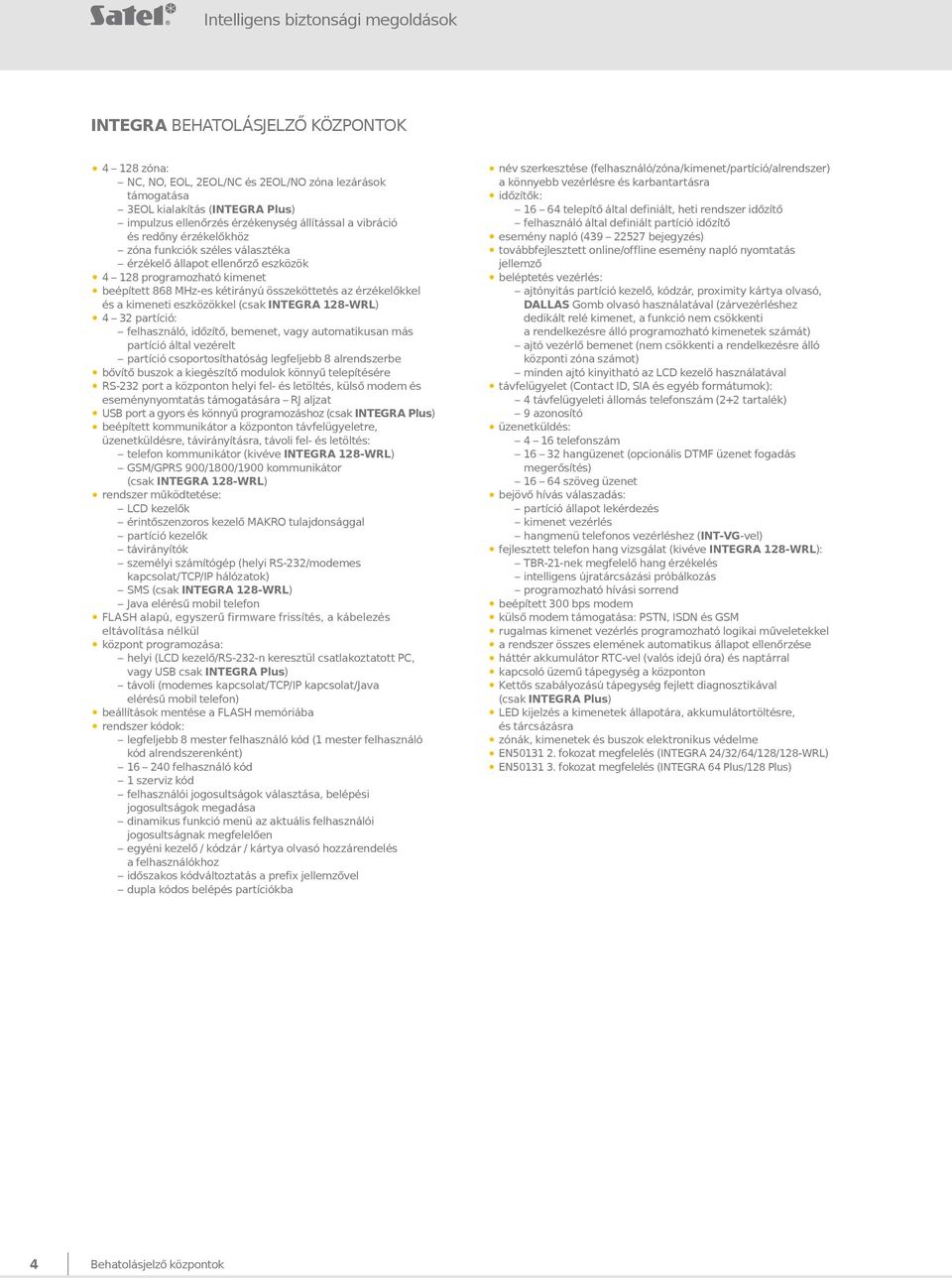 érzékelőkkel és a kimeneti eszközökkel (csak INTEGRA 128-WRL) 4 32 partíció: felhasználó, időzítő, bemenet, vagy automatikusan más partíció által vezérelt partíció csoportosíthatóság legfeljebb 8
