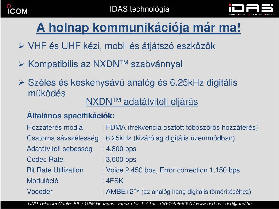 25kHz digitális működés NXDN TM adatátviteli eljárás Általános specifikációk: IDAS technológia Hozzáférés módja : FDMA (frekvencia osztott