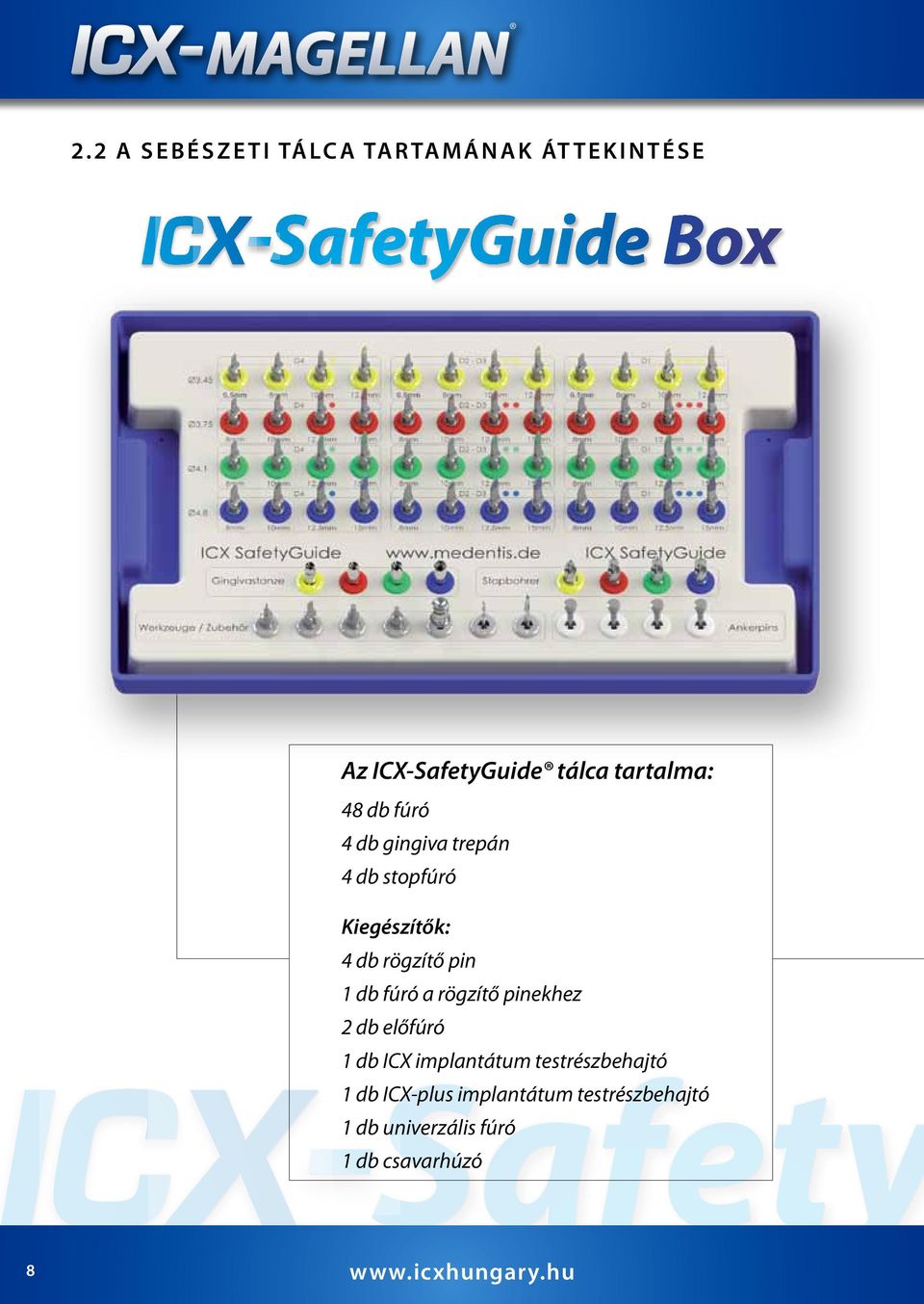 rögzítő pinekhez 2 db előfúró 1 db ICX implantátum testrészbehajtó 1 db ICX-plus