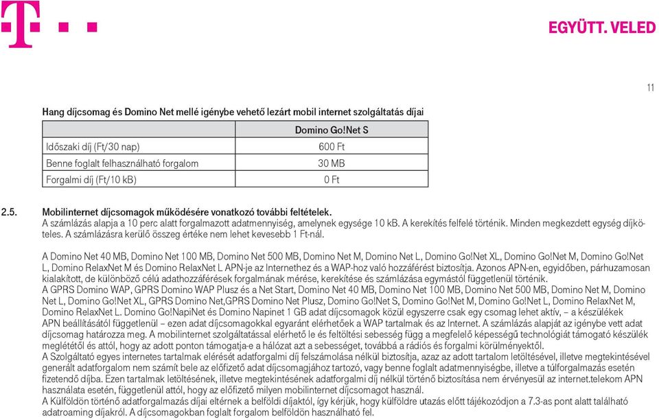 A számlázás alapja a 10 perc alatt forgalmazott adatmennyiség, amelynek egysége 10 kb. A kerekítés felfelé történik. Minden megkezdett egység díjköteles.