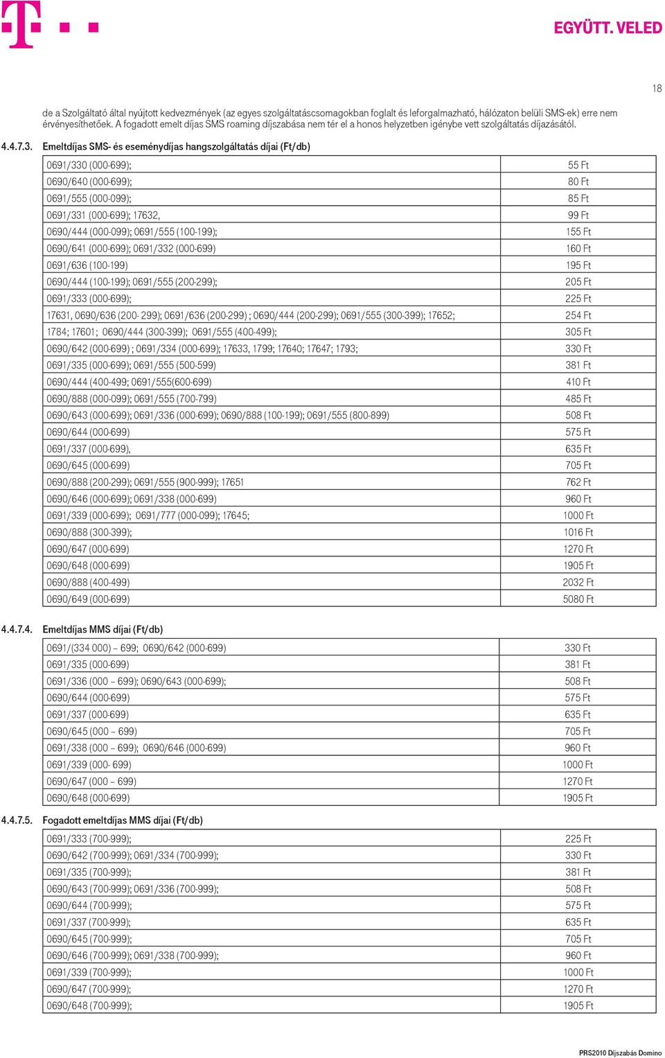 Emeltdíjas SMS- és eseménydíjas hangszolgáltatás díjai (Ft/db) 0691/330 (000-699); 55 Ft 0690/640 (000-699); 80 Ft 0691/555 (000-099); 85 Ft 0691/331 (000-699); 17632, 99 Ft 0690/444 (000-099);