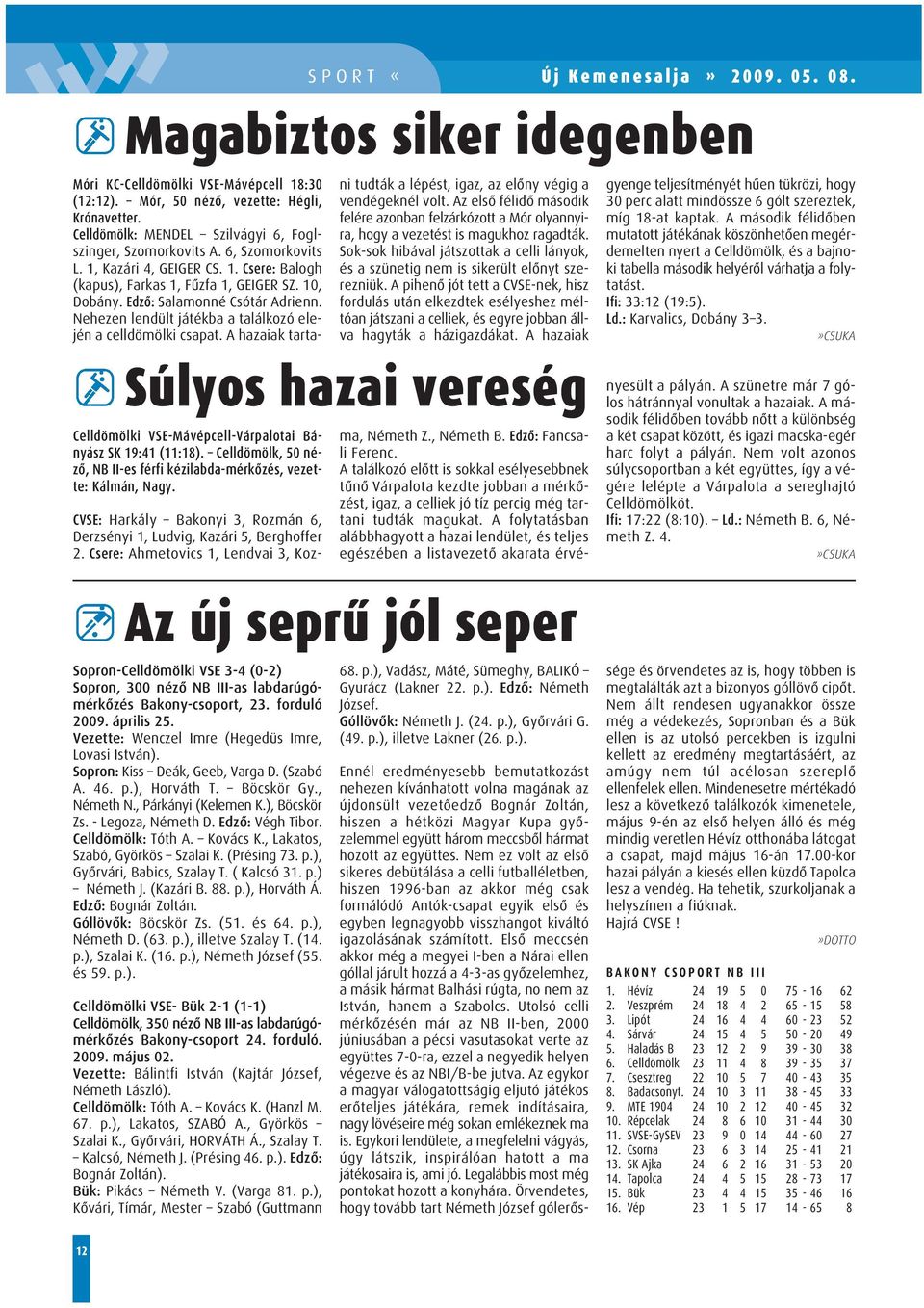 Edzô: Végh Tibor. Celldömölk: Tóth A. Kovács K., Lakatos, Szabó, Györkös Szalai K. (Présing 73. p.), Gyôrvári, Babics, Szalay T. ( Kalcsó 31. p.) Németh J. (Kazári B. 88. p.), Horváth Á.
