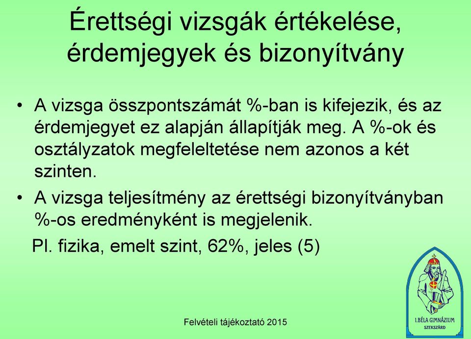 A %-ok és osztályzatok megfeleltetése nem azonos a két szinten.