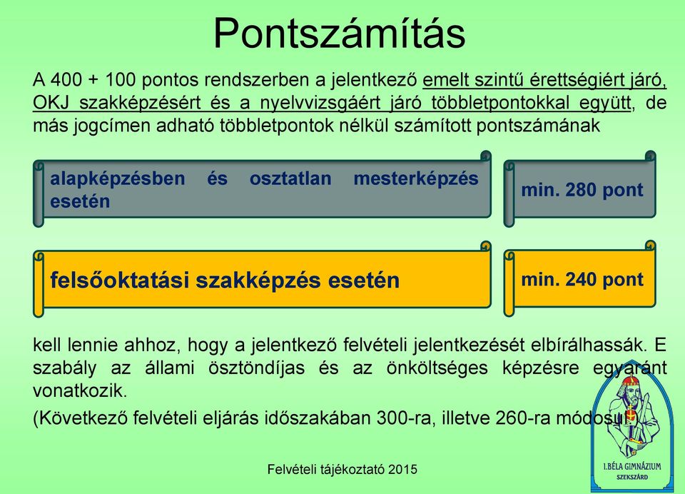 min. 280 pont felsőoktatási szakképzés esetén min. 240 pont kell lennie ahhoz, hogy a jelentkező felvételi jelentkezését elbírálhassák.